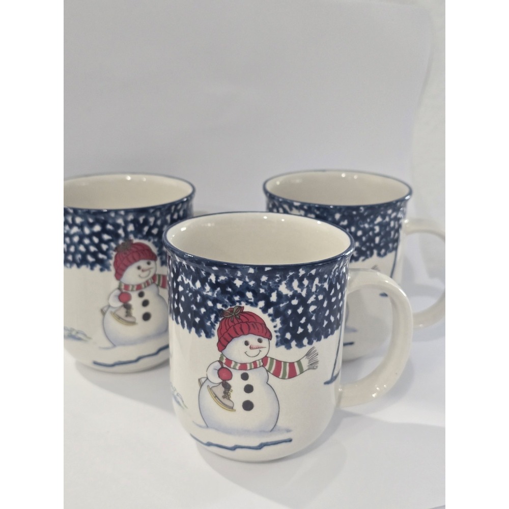 Thomson Snowman Christmas Mugs‎ Set of 3 Sponge Pattern Blue Vintage